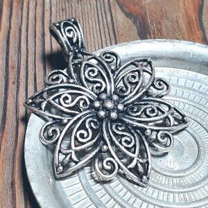 Large Art Nouveau Filigree Flower Antiqued Silver Plated Artsy Pendant with Bail